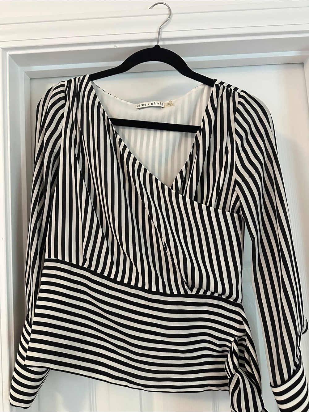 Alice + Olivia Black and White Striped Alba Wrap Blouse